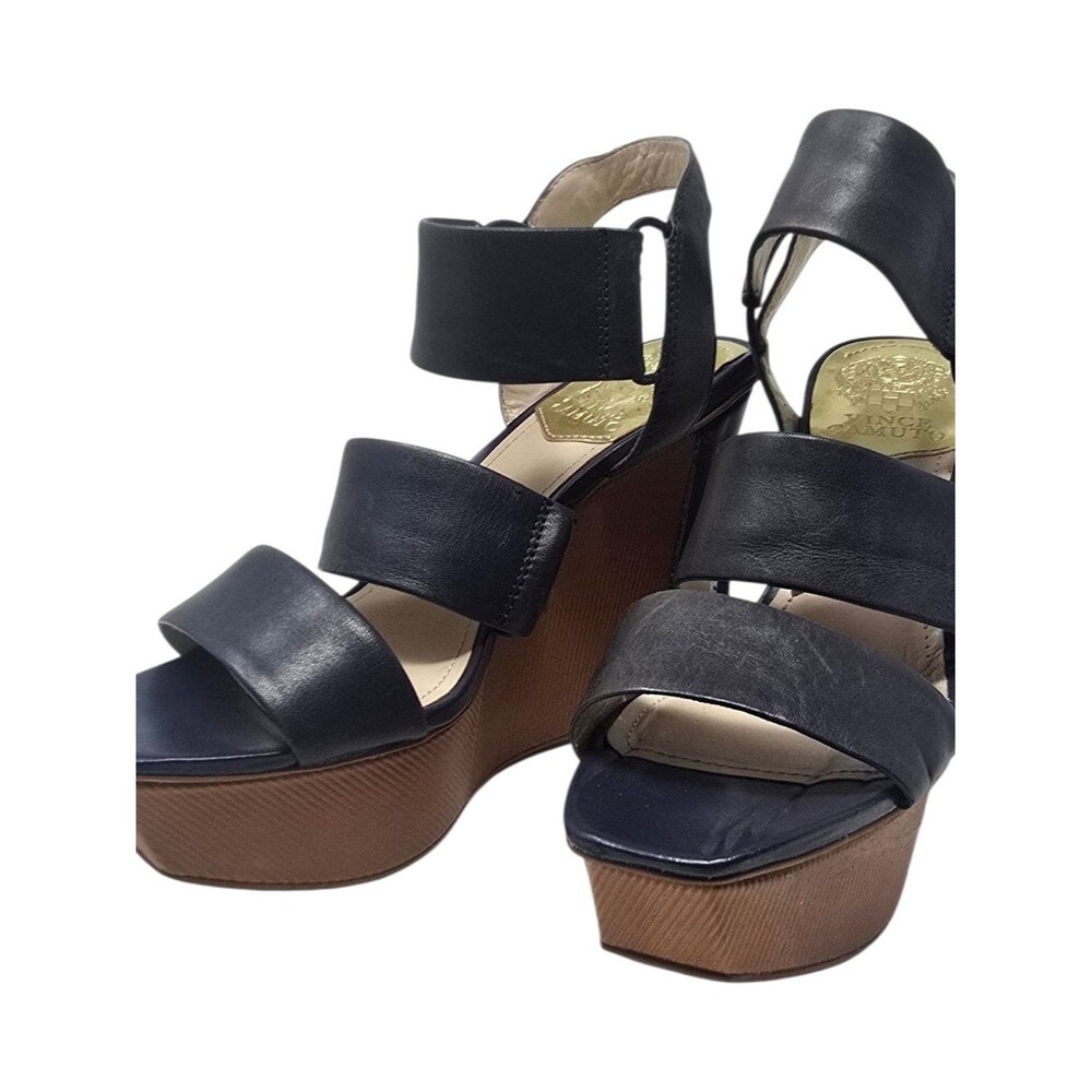 Vince Camuto Navy Leather Triple Strap Platform Wedge Sandals